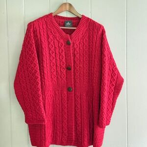 Aran Woollen Mills Irish Merino Wool Cable Knit Cardigan 1X Red READ DescrOption